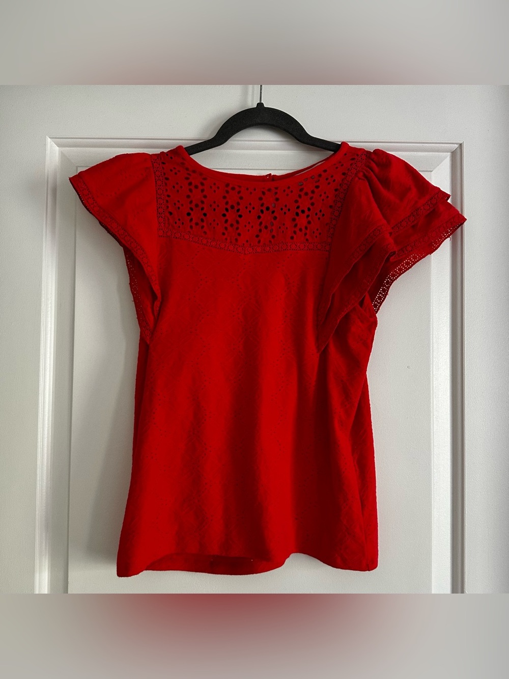 LOFT Red Eyelet Flutter-Sleeve Blouse